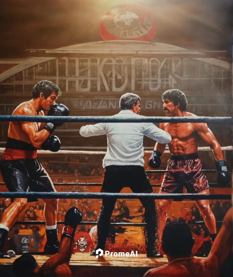 Two boxers, left Spider Rico from film ROCKY, right Rocky Balboa from film ROCKY fight in a run down sports arena,striking combat sports,knockout punch,the hand of the boxer,combat sport,boxing ring,p