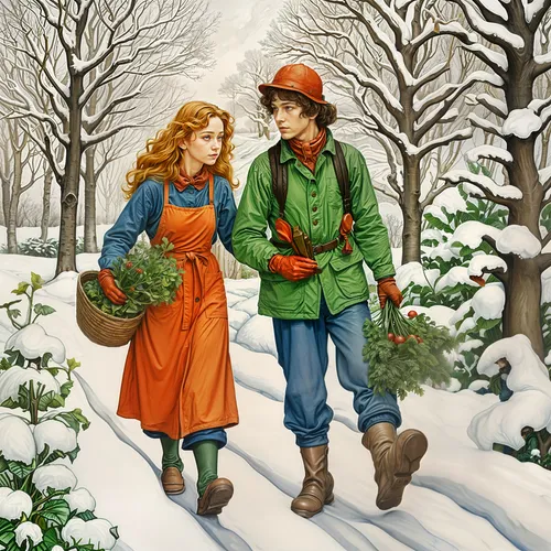 girl and boy outdoor,vintage boy and girl,snow scene,forest workers,snowshoers,young couple