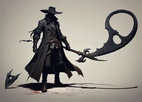 Design a Bloodborne character with a menacing scythe weapon.,scythe,grim reaper,reaper,grimm reaper,butcher ax,undead warlock,hook,dodge warlock,dane axe,fish-surgeon,gunfighter,skeleton key,pirate,si