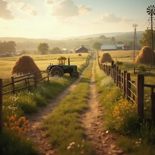 Rustic farmland scenery, vintage tractor, haystacks, wildflowers, sunny afternoon, warm lighting, soft focus, shallow depth of field, rolling hills, wooden fences, farmhouses, barns, windmills, scarec