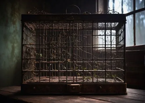 Abandoned pickleless cage, old rusty metal, intricate locking mechanism, vines crawling, worn wooden floorboards, dimly lit, mysterious atmosphere, eerie silence, cobwebs hanging, abandoned laboratory