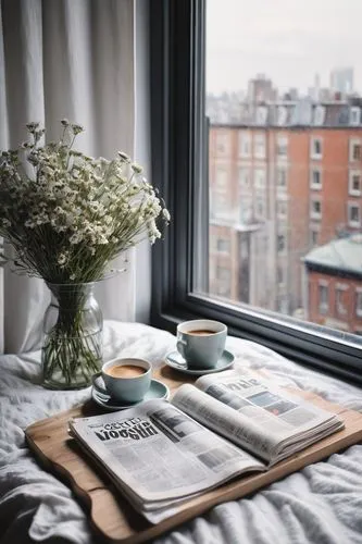 window sill,coffee and books,windowsill,bedroom window,tea and books,blonde woman reading a newspaper,window view,bedside table,in the morning,blonde sits and reads the newspaper,nightstand,window covering,window seat,window treatment,open window,breakfast in bed,newspaper reading,morning light,early morning,winter window,Illustration,Paper based,Paper Based 20