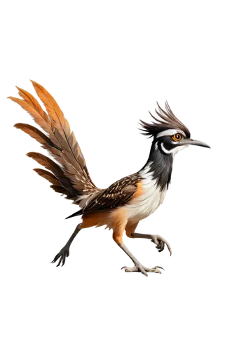 Desert roadrunner, cartoon style, solo, standing, 3/4 view, bright blue sky, fluffy white clouds, warm sunlight, soft shadows, brown feathers, long tail, black crest, orange and yellow beak, big eyes,