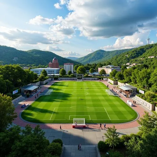 Lush green athletic fields, rolling hills, natural stone retaining walls, sports equipment, goalposts, scoreboards, spectator seating, concession stands, modern LED lighting, stadium architecture, cur