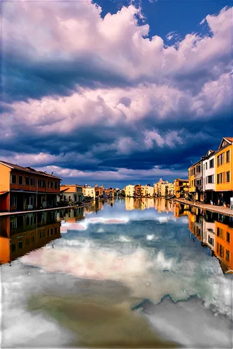 Flooded cityscape, panoramic view, reflections on water, destroyed buildings, debris floating, rescue boat in distance, people on rooftop, sunny day, dramatic clouds, warm color tone, cinematic compos