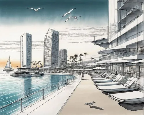 mipim,unbuilt,waterfronts,renderings,songdo,hotel barcelona city and coast,shekou,haeundae,barangaroo,waterfront,seasteading,seaside resort,bjarke,harbour city,harborfront,shorefront,dubay,lusail,bayfront,barceloneta,Illustration,Paper based,Paper Based 30