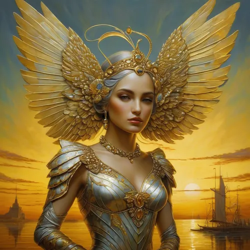 golden crown,archangel,baroque angel,fantasy art,fantasy portrait,gold filigree,golden unicorn,gold crown,gold foil mermaid,garuda,the archangel,golden heart,golden mask,angel,golden apple,yellow-gold,fire angel,mary-gold,stone angel,fantasy woman,Illustration,Realistic Fantasy,Realistic Fantasy 06