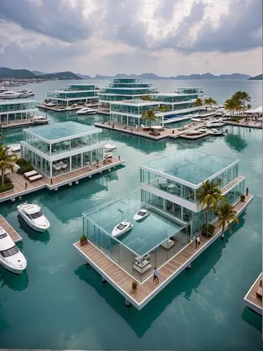 A commercial marina complex where glass buildings float on the surface of the water. Each building is connected by floating walkways, with shops, restaurants, and offices offering views of the yachts 