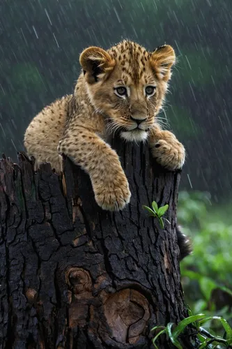 Lion (Panthera leo) cub on a downed tree trunk in the rain, Ngorongoro Crater, Tanzania, East Africa, Africa,perched on a log,lion cub,cub,lion with cub,in the rain,king of the jungle,little lion,phot