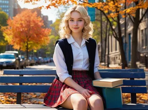 school skirt,tartan,buffalo plaid,school uniform,schoolgirl,blonde sits and reads the newspaper,girl sitting,plaid,blonde girl,pencil skirt,autumn plaid pattern,blonde woman,blond girl,light plaid,rowan,tartan colors,park bench,blonde girl with christmas gift,sitting on a chair,girl in a historic way,Art,Artistic Painting,Artistic Painting 29