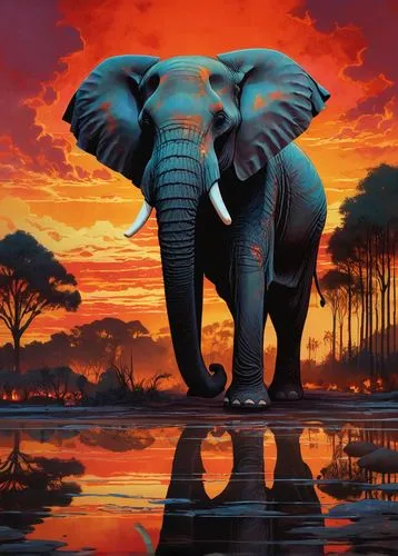 A captivating illustration of a majestic elephant silhouetted against a breathtaking fiery sunset. The elephant's back is intricately painted with a vivid savannah landscape, showcasing trees, diverse