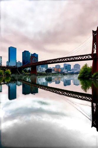 Portland Oregon cityscape, cloudy sky, modern buildings, Willamette River waterfront, Steel Bridge, urban landscape, morning mist, soft natural light, 3/4 composition, shallow depth of field, warm col