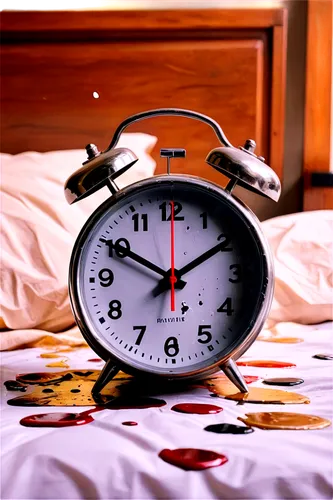 Old-fashioned alarm clock, metallic body, circular face, big numbers, loud ringing sound, morning sunlight, messy bed, rumpled sheets, wooden bedside table, warm lighting, shallow depth of field, clos