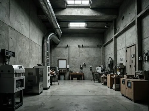 Raw concrete walls, brutalist laboratory architecture, industrial aesthetic, metallic equipment, futuristic scientific instruments, minimal ornamentation, exposed ductwork, steel beams, functional lig