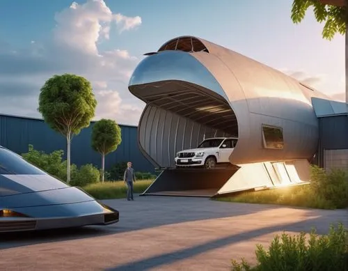 this is the car shed inspired by cargo plane deck where car is parked inside  and man is standing beside  and trees are planted

,futuristic car,futuristic art museum,futuristic architecture,electric 