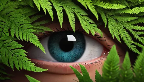 eye peeking from fern 1280x480.jpg,peacock eye,ferns,fern plant,tree ferns,women's eyes,eye,fern leaf,world digital painting,green eyes,ojos azules,natura,digital art,photomanipulation,fractals art,th