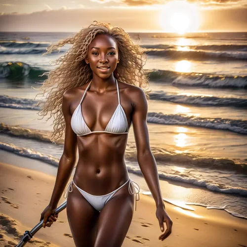 Joven ebony muy bonita la mas hermosa jamás vista, en bikini blanco, en un paracaídas a cielo abierto, atardecer espectacular, gaviotas al rededor, el cabello dorado resplandece con los rayos del sol,