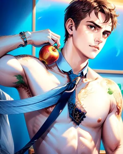 shirtless 
Hayden Christensen, wearing necktie, holding apple, classroom,tattoo,a man standing in a room with a shirt and tie around his neck,odair,lucian,dragomir,atlantean,demigods,menelaus,Anime,An