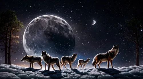 a pack of wolves in midnight lit sky's with the moon full and high in the background hunting a herd of deer in the forest,wolves,moon and star background,constellation wolf,fantasy picture,howling wol