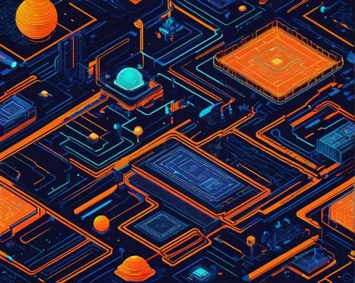 Pixel art generator, retro style, 8-bit graphics, vibrant color palette, abstract shapes, geometric patterns, futuristic machinery, glowing neon lights, circuit boards, wires, microchips, robotic arms