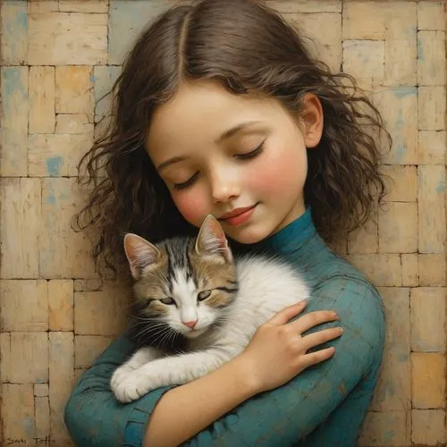 tenderness,little boy and girl,cat lovers,oil painting,child portrait,oil painting on canvas,kitten,romantic portrait,little girl and mother,cloves schwindl inge,emile vernon,vintage boy and girl,selanee henderon,girl with dog,tender,little girls,carol colman,affection,cat love,little cat,Art,Artistic Painting,Artistic Painting 49