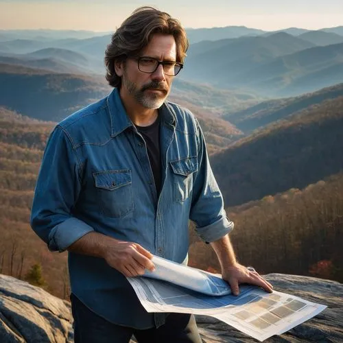 Middle-aged male architect, rugged facial features, messy brown hair, black-framed glasses, worn denim shirt, faded blue jeans, scuffed work boots, holding a blueprint, standing on a rocky mountain sl