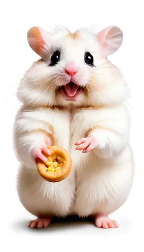 cute hamster, white fur, pink nose, twitching whiskers, standing on hind legs, holding food in front paws, big round eyes, fluffy cheeks, tiny ears, soft focus, warm lighting, shallow depth of field, 