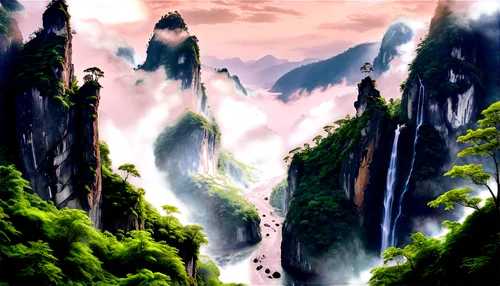 karst landscape,mountainous landscape,shaoming,rivendell,alfheim,waterfall,mountain world,wuyi,ash falls,taroko,waterfalls,landscape background,mountain scene,fantasy landscape,mountain landscape,wudang,yashima,high landscape,cartoon video game background,mountain valleys,Illustration,Black and White,Black and White 07