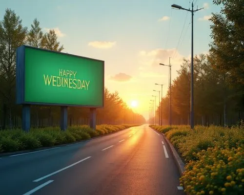 (High quality HD picture) (Large billboard) The sign has a large green "HAPPY WEDNESDAY" on it, located on the left side of the road.
On the right side of the road, there are green flowers. The sun is