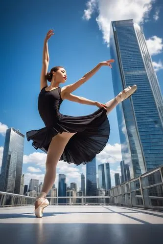 Dynamic female dancer, 20s, curly brown hair, sparkly makeup, sleeveless white leotard, flowy black skirt, pointe shoes, dancing in front of a grand, modern skyscraper, glass and steel structure, urba