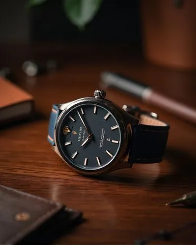 Capture a luxury wristwatch placed on a polished walnut wood surface, surrounded by elements like a leather-bound notebook, a sleek pen, and a pair of cufflinks arranged subtly in the background to co