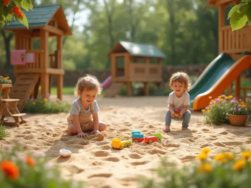 Kindergarten playground, sandbox area, colorful toys scattered around, soft beige sand, tiny footprints, vibrant flowers surrounding, wooden play structures, climbing frames, slides, rope bridges, wic