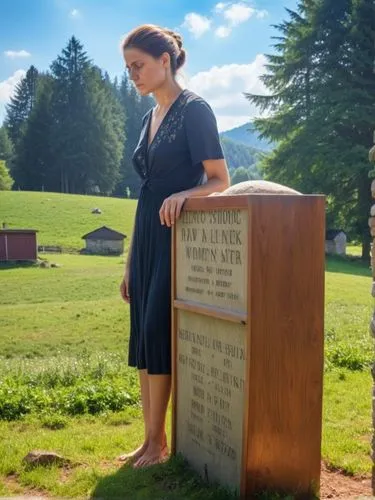 Grieving woman,a young lady standing in front of a historical marker,maureen o'hara - female,lughnasa,suitcase in field,mennonite,cornerstone,feldshuh,Photography,General,Realistic