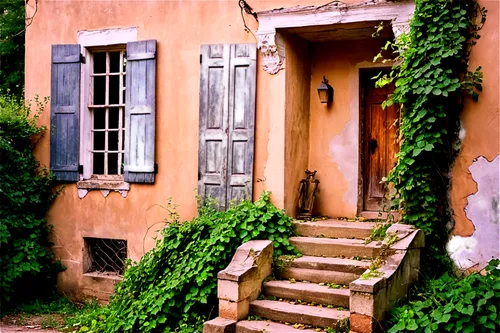 Abandoned old house, worn wooden door, broken windows, overgrown vines, crumbling brick walls, rusty metal roof, ivy-covered chimneys, worn stone steps, intricate carvings, aged wooden shutters, warm 