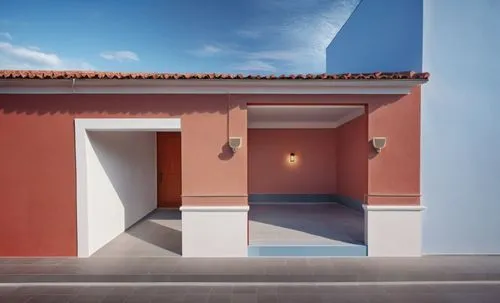 Generar una representación arquitectónica usando la paleta de colores blanco y rojo manteniendo la forma y mantener el cielo y techo de teja ,an open door in front of a pink building with a red roof,a