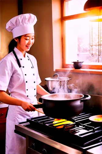 Sizzling pan, steam rising, kitchen utensils clinking, chef's hat, white apron, wooden spoon stirring, bubbling broth, sputtering oil, crackling fire, morning sunlight streaming through window, 3/4 co