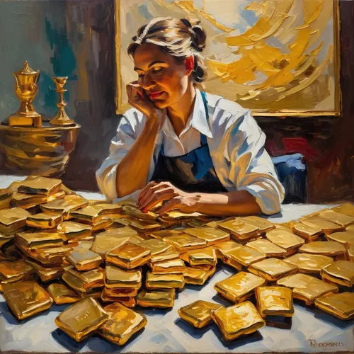 gold bullion,girl with bread-and-butter,gold business,bullion,gold bars,gold wall,gold is money,gold price,gilding,silversmith,meticulous painting,gold mine,oil painting,oils,gold shop,the collector,a bag of gold,gold bar shop,kraft,child with a book,Conceptual Art,Oil color,Oil Color 22