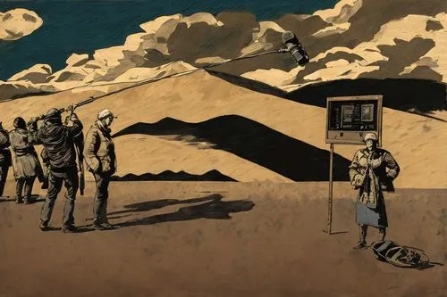 travelers,pilgrims,mural,cool woodblock images,khokhloma painting,guards of the canyon,background image,capture desert,digital nomads,camera illustration,war correspondent,game drawing,wall painting,chalk drawing,desert background,game illustration,matruschka,escher,murals,nomads,Art sketch,Art sketch,Newspaper