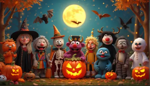 sorrindo,a group of puppets sitting next to each other in front of a pumpkin,halloween background,halloween scene,halloween wallpaper,haloween,halloween poster,halloween border