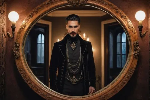 gothic portrait,mirror of souls,dracula,magic mirror,the mirror,art nouveau frame,gothic fashion,count,mirror frame,dark gothic mood,mirror,imperial coat,gothic style,art nouveau frames,emperor,mirror reflection,mirrors,magician,vampire,artus,Photography,General,Natural