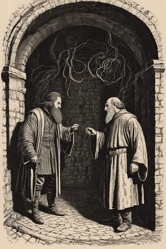 prejmer,exchange of ideas,handshaking,theoretician physician,wise men,middle ages,the middle ages,lord who rings,anachronism,hand-drawn illustration,monks,the abbot of olib,stone drawing,transaction,magistrate,cryptography,arguing,market introduction,engraving,copernican world system,Illustration,Black and White,Black and White 27