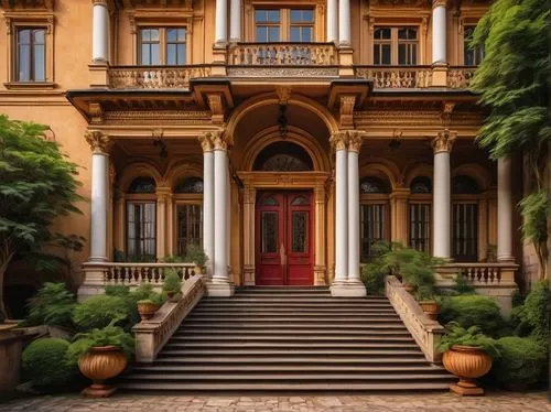 Georgian architecture style, grandiose building, ornate facade, symmetrical composition, columns, arches, domes, intricate carvings, ornamental details, stone walls, red roof tiles, lush greenery surr