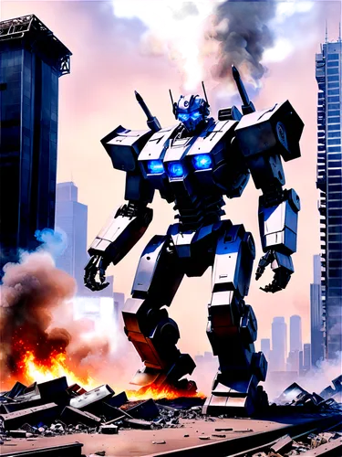 Killdozer, mecha, robot, futuristic, metallic body, glowing blue eyes, sharp claws, powerful legs, cityscape background, skyscraper, destruction scene, smoke and fire effects, dramatic lighting, cinem