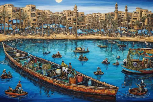 fishing boats,jaffa,dubai creek,fishing village,boats in the port,oil painting on canvas,tel aviv,essaouira,small boats on sea,malta,fishermen,cairo,row boats,mediterranean,harbor,boat landscape,boats,sea landscape,oil painting,khokhloma painting,Illustration,Abstract Fantasy,Abstract Fantasy 14