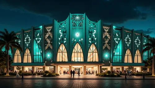 Opulent Art Deco stadium facade, ornate geometric patterns, lavish metallic accents, grandiose entrance archways, symmetrical compositions, zigzag motifs, sunburst designs, luxurious marble surfaces, 