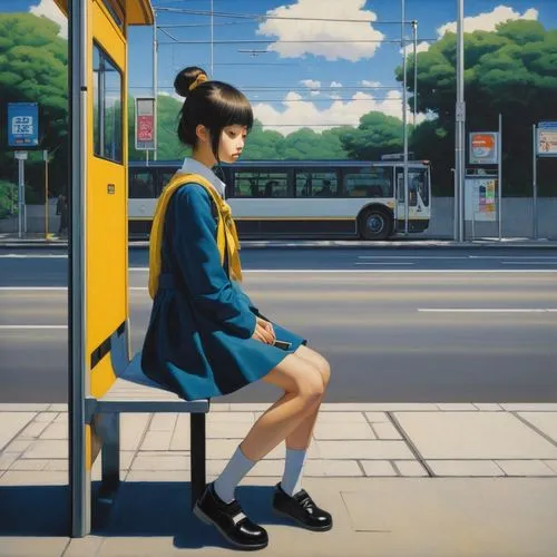 bus stop,busstop,mari makinami,yukiko,the girl at the station,girl sitting,photorealist,hoshihananomia,tatsuro,chiyonofuji,girl in a long,bus shelters,woman sitting,hikari,phone booth,monogatari,bus,man on a bench,sumiala,pay phone,Illustration,Realistic Fantasy,Realistic Fantasy 08