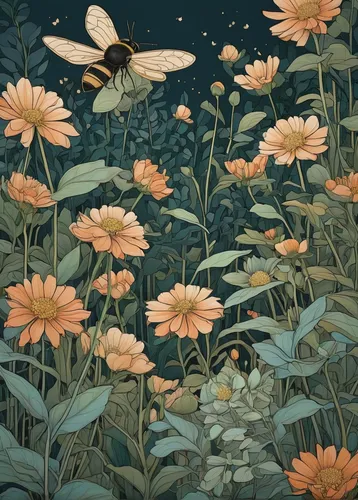 moths and butterflies,falling flowers,flower and bird illustration,fireflies,chasing butterflies,cosmos autumn,butterfly swimming,scattered flowers,butterflies,sea of flowers,pond flower,summer meadow,lotus on pond,han thom,flower field,pollinator,butterfly background,daisies,cosmos field,blooming field,Illustration,Japanese style,Japanese Style 15