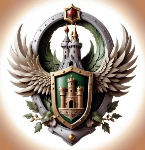 Insérer dans un bouclier vert impérial style impérial ale phénix avec une tour de château. ,a shield with some buildings and wings on it,rhodesia,coa,russian coat of arms,naqshbandi,armorial,heraldic