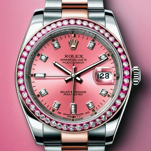 a rolex color pink and grey,the pink dial on this watch is adorned with diamonds,rolex,rolexes,celebutante,bulova,sarpaneva,seamaster,Photography,General,Realistic