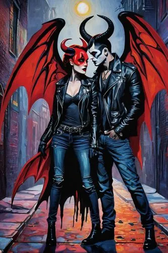 Demon couple, intimate pose, horns, red skin, black wings, sharp teeth, glowing red eyes, intricate tattoos, Gothic clothing, black leather jackets, ripped jeans, heavy metal accessories, cityscape at